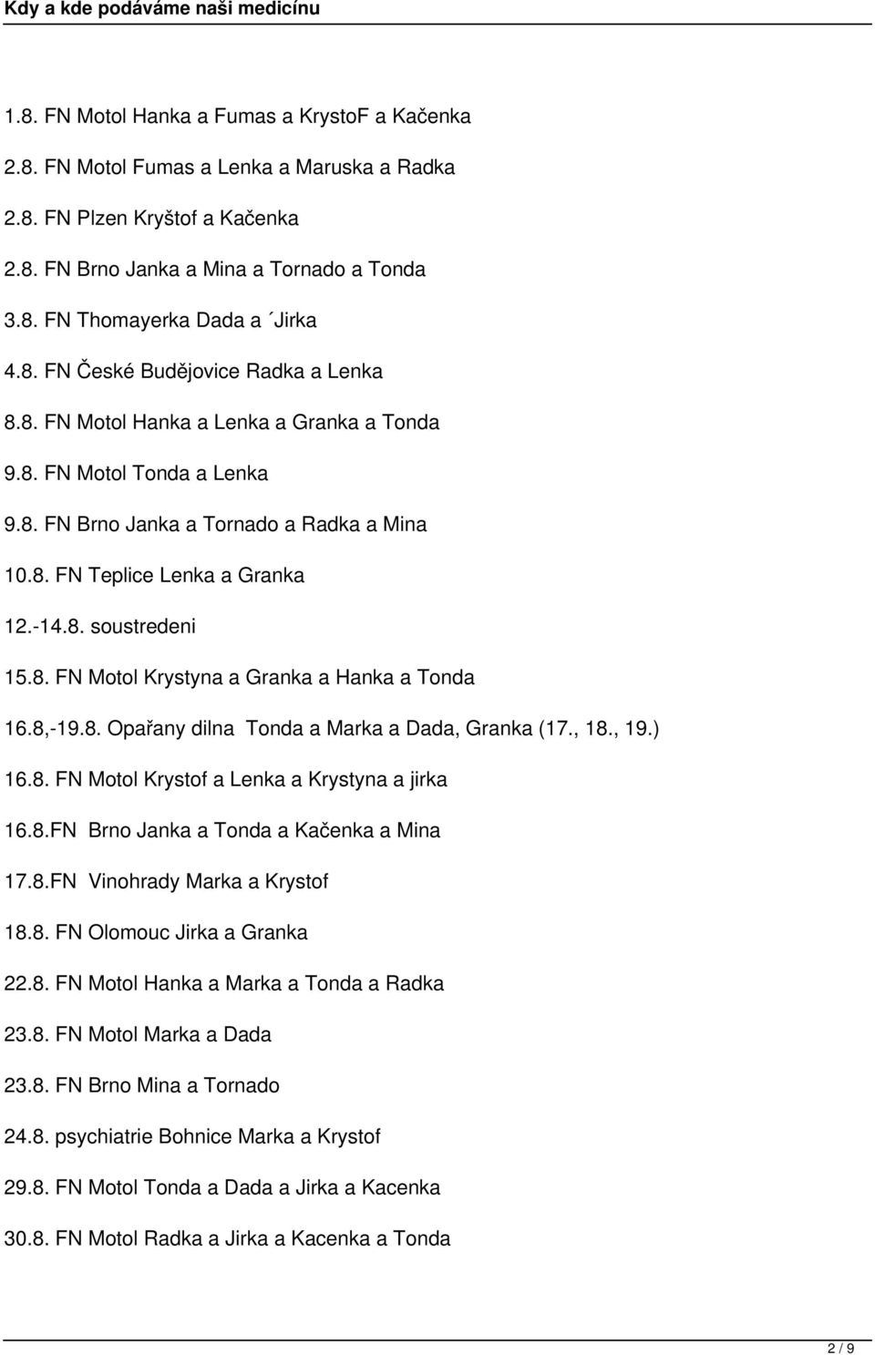 8. FN Motol Krystyna a Granka a Hanka a Tonda 16.8,-19.8. Opařany dilna Tonda a Marka a Dada, Granka (17., 18., 19.) 16.8. FN Motol Krystof a Lenka a Krystyna a jirka 16.8.FN Brno Janka a Tonda a Kačenka a Mina 17.