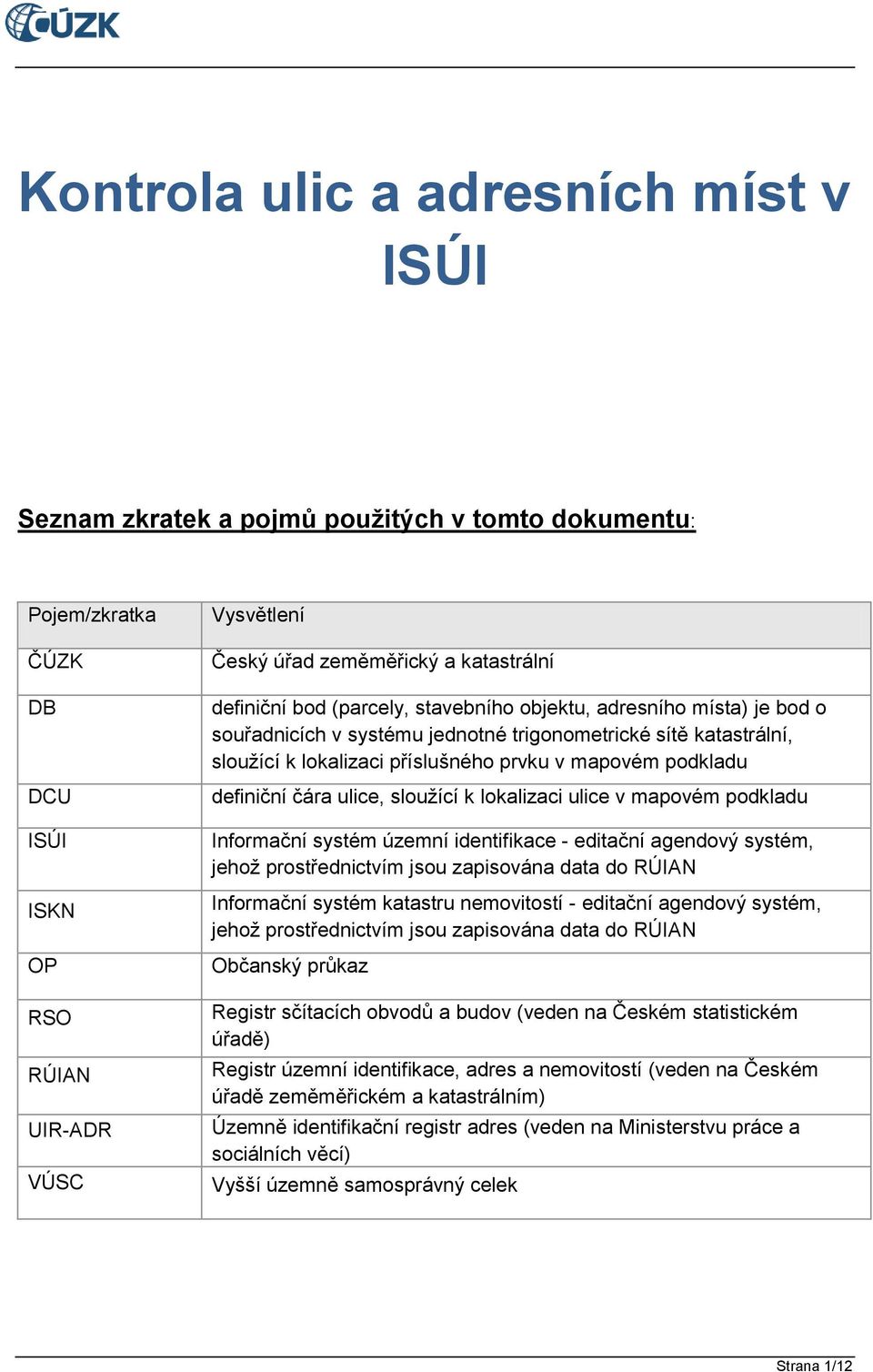 definiční čára ulice, sloužící k lokalizaci ulice v mapovém podkladu Informační systém územní identifikace - editační agendový systém, jehož prostřednictvím jsou zapisována data do RÚIAN Informační