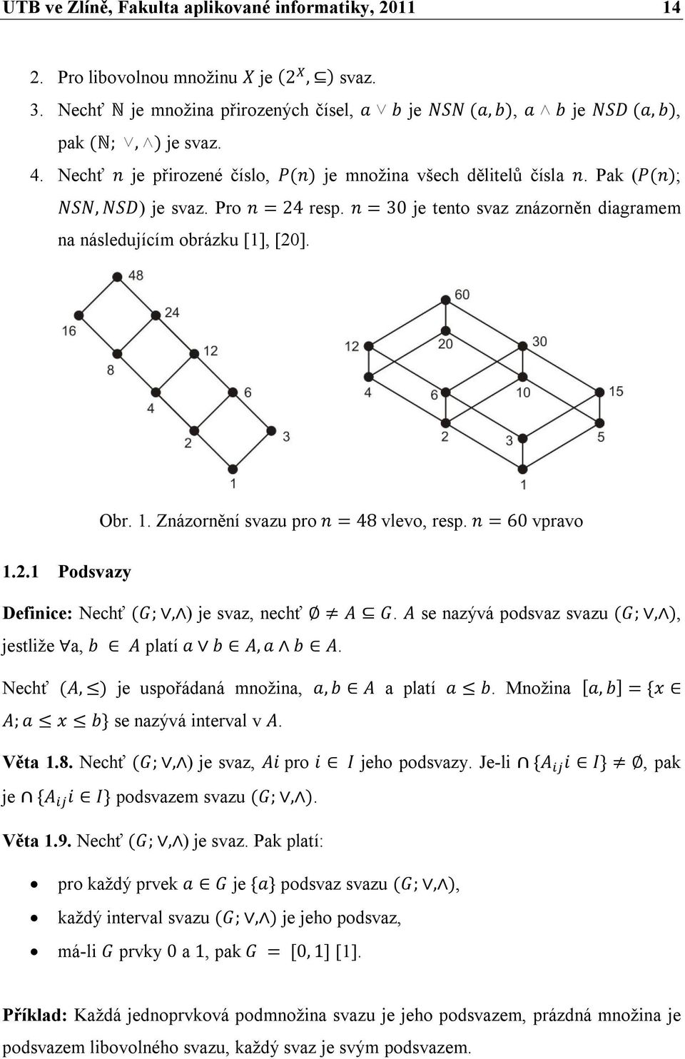 Znázornění svazu pro n = 48 vlevo, resp. n = 60 vpravo 1.2.1 Podsvazy Definice: Nechť (G;, ) je svaz, nechť A G. A se nazývá podsvaz svazu (G;, ), jestliže a, b A platí a b A, a b A.