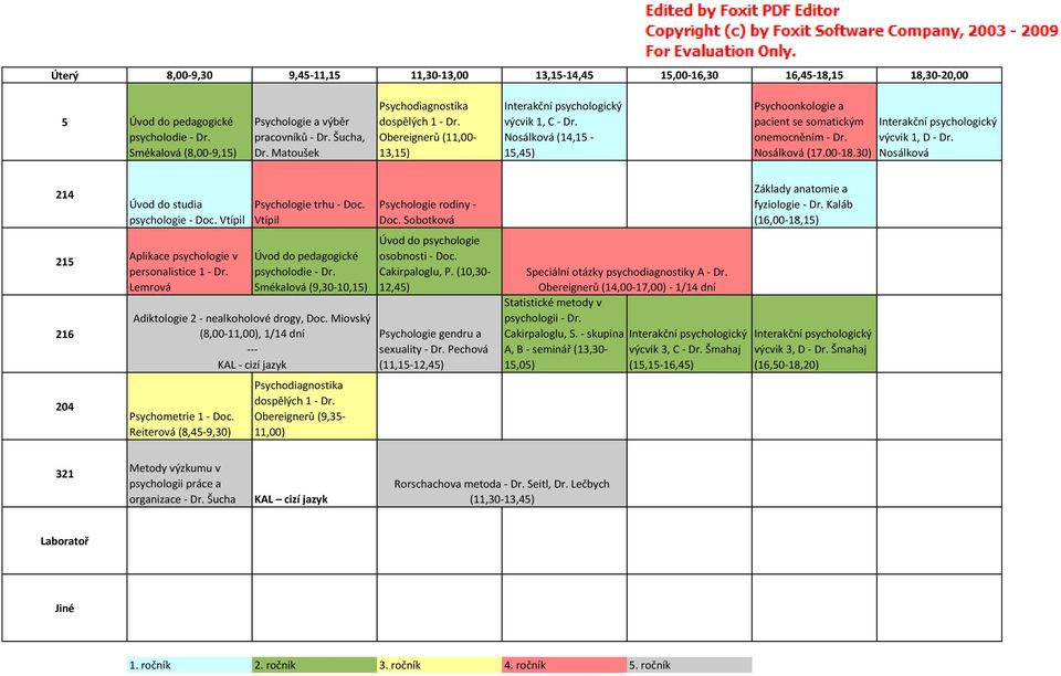 30) výcvik 1, D - Dr. Nosálková Úvod do studia psychologie - Doc. Vtípil Aplikace psychologie v personalistice 1 - Dr. Lemrová Psychologie trhu - Doc. Vtípil Úvod do pedagogické psycholodie - Dr.