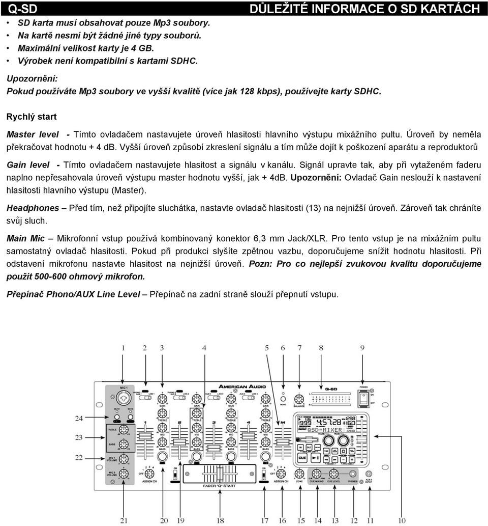 Rychlý start Master level - Tímto ovladačem nastavujete úroveň hlasitosti hlavního výstupu mixážního pultu. Úroveň by neměla překračovat hodnotu + 4 db.