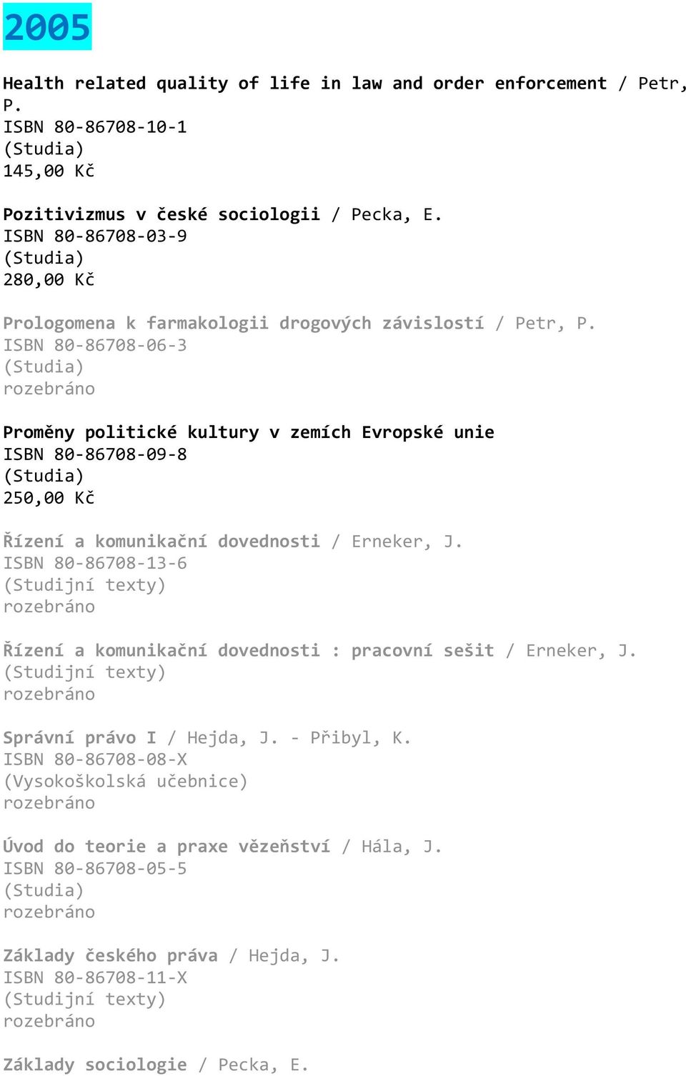 ISBN 80-86708-06-3 Proměny politické kultury v zemích Evropské unie ISBN 80-86708-09-8 250,00 Kč Řízení a komunikační dovednosti / Erneker, J.