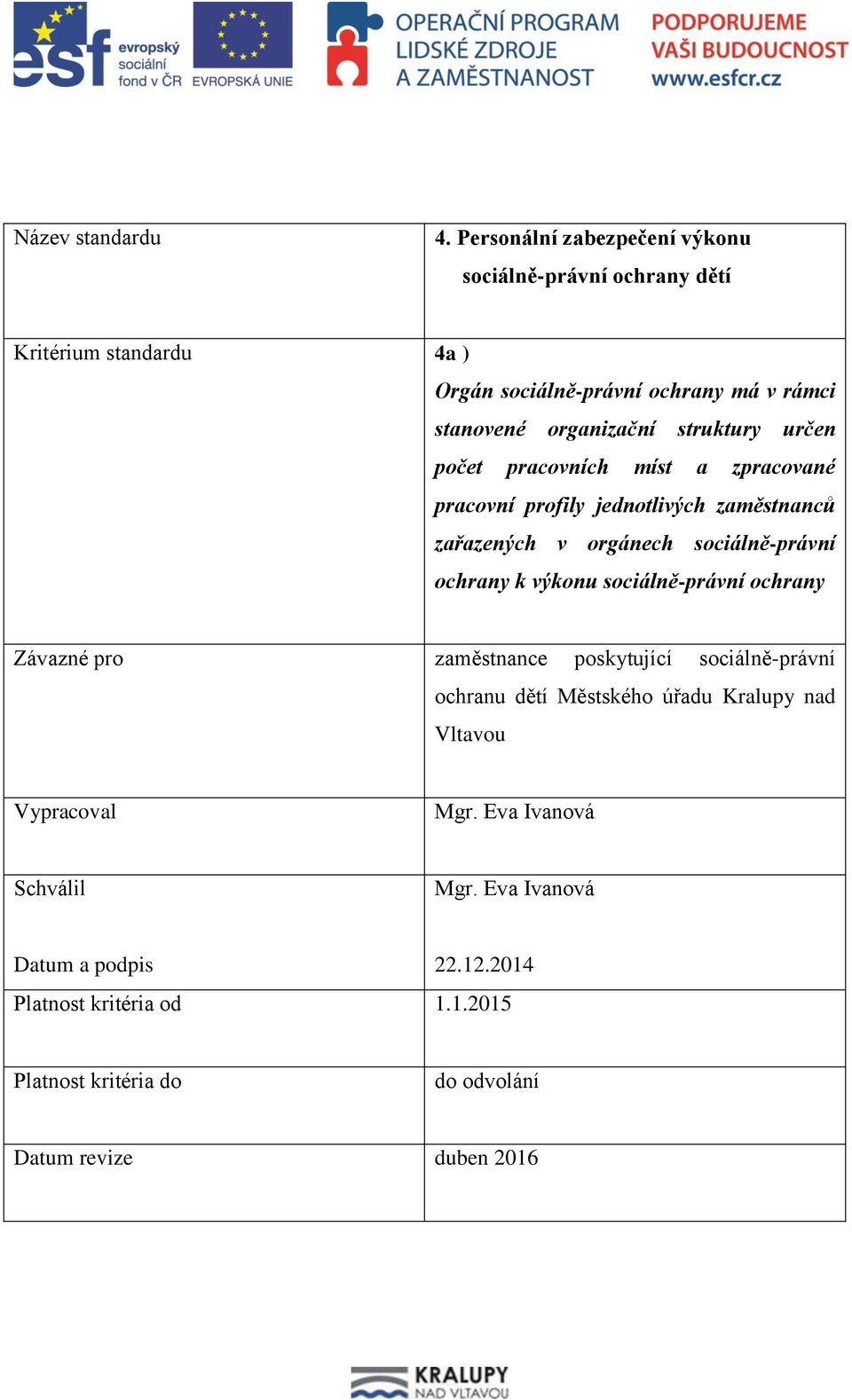 struktury určen počet pracovních míst a zpracované pracovní profily jednotlivých zaměstnanců zařazených v orgánech sociálně-právní ochrany k výkonu