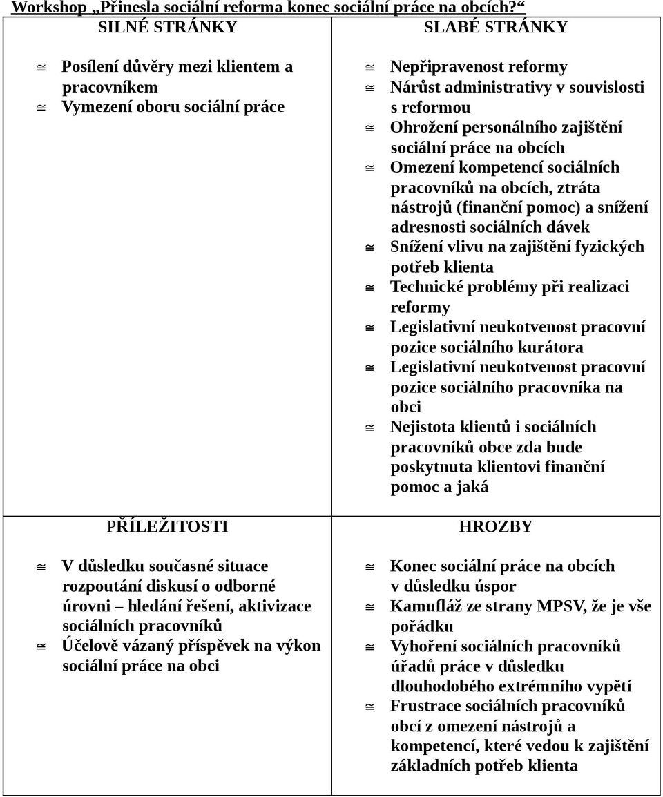 obcích Omezení kompetencí sociálních pracovníků na obcích, ztráta nástrojů (finanční pomoc) a snížení adresnosti sociálních dávek Snížení vlivu na zajištění fyzických potřeb klienta Technické