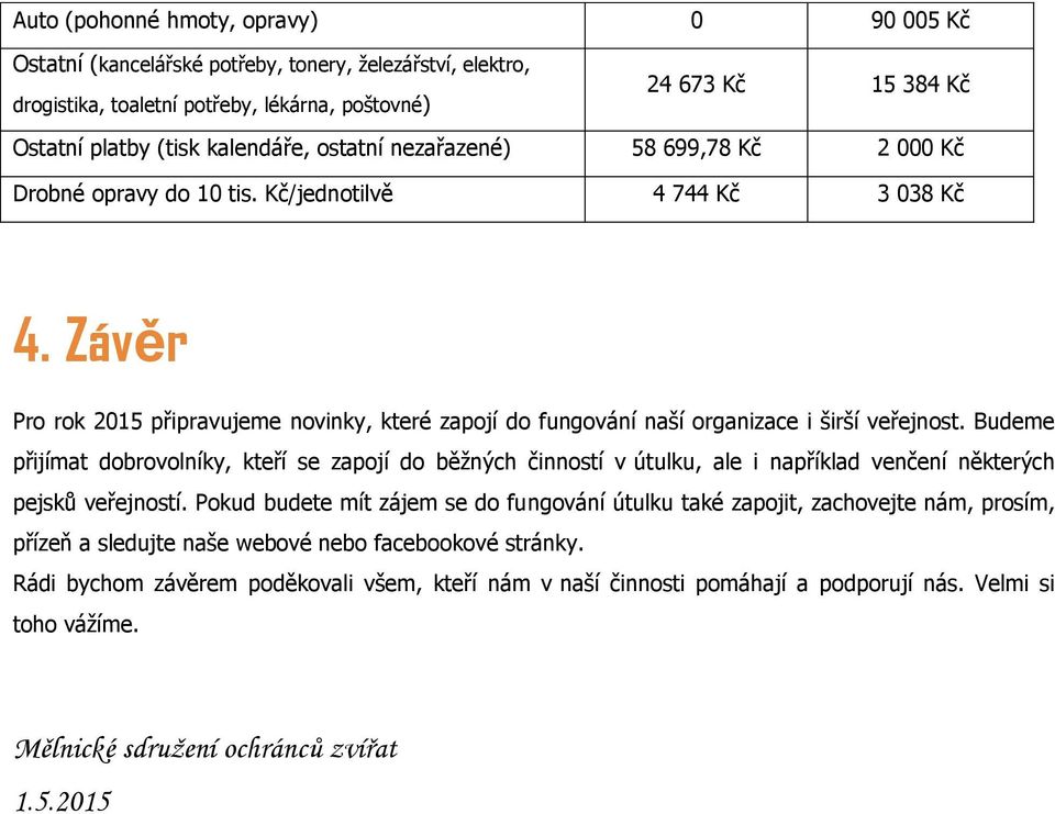 Závěr Pro rok 2015 připravujeme novinky, které zapojí do fungování naší organizace i širší veřejnost.