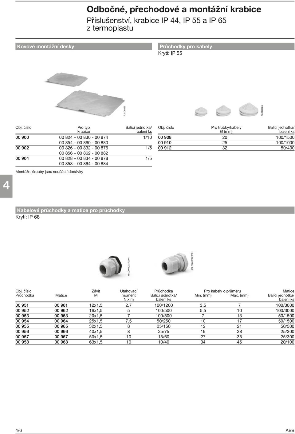 číslo Pro trubky/kabely Balící jednotka/ Ø (mm) 00 908 20 100/1500 00 910 25 100/1000 00 912 32 50/00 Montážní šrouby jsou součástí dodávky Kabelové průchodky a matice pro průchodky Krytí: IP 68
