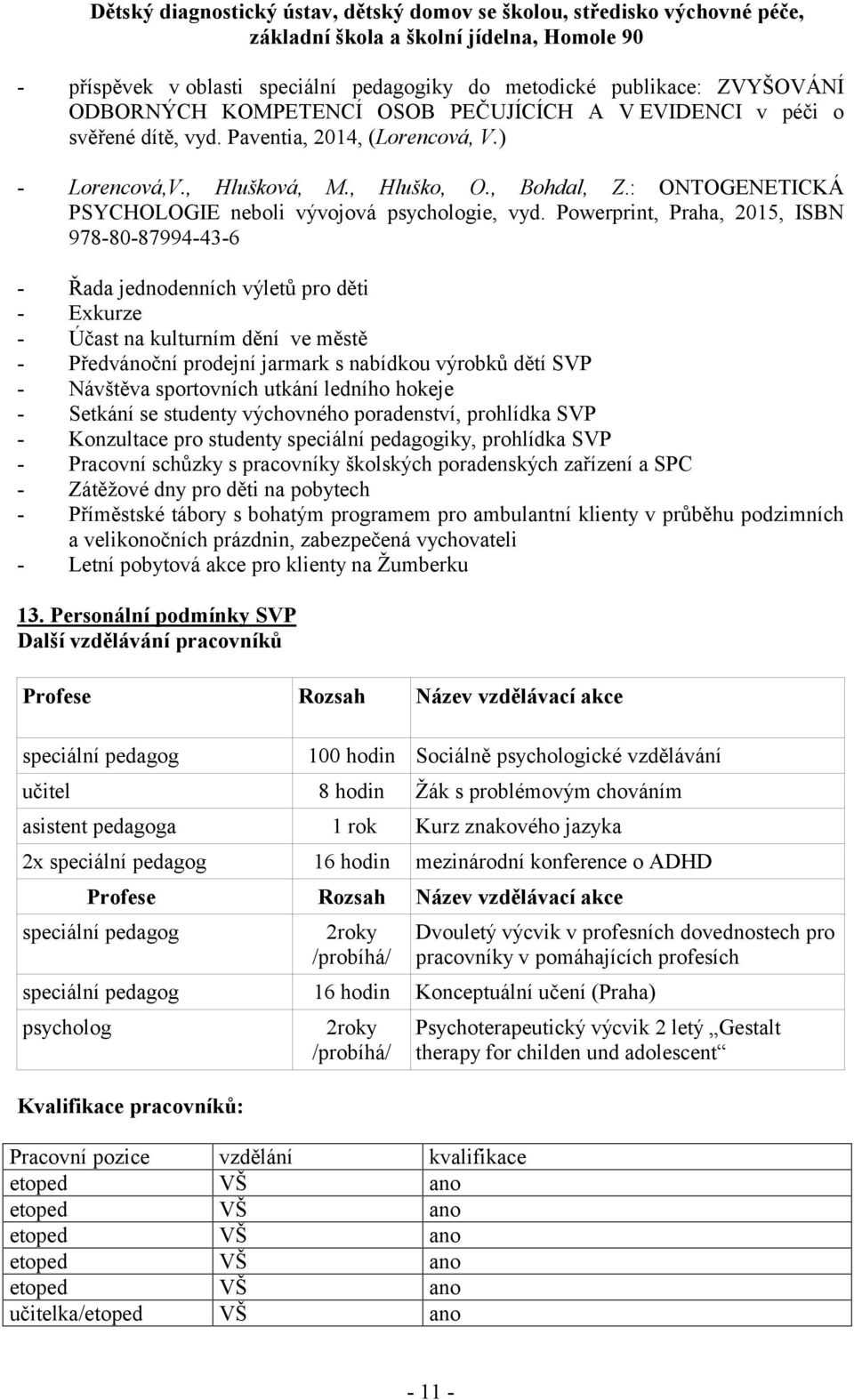 Powerprint, Praha, 2015, ISBN 978-80-87994-43-6 - Řada jednodenních výletů pro děti - Exkurze - Účast na kulturním dění ve městě - Předvánoční prodejní jarmark s nabídkou výrobků dětí SVP - Návštěva