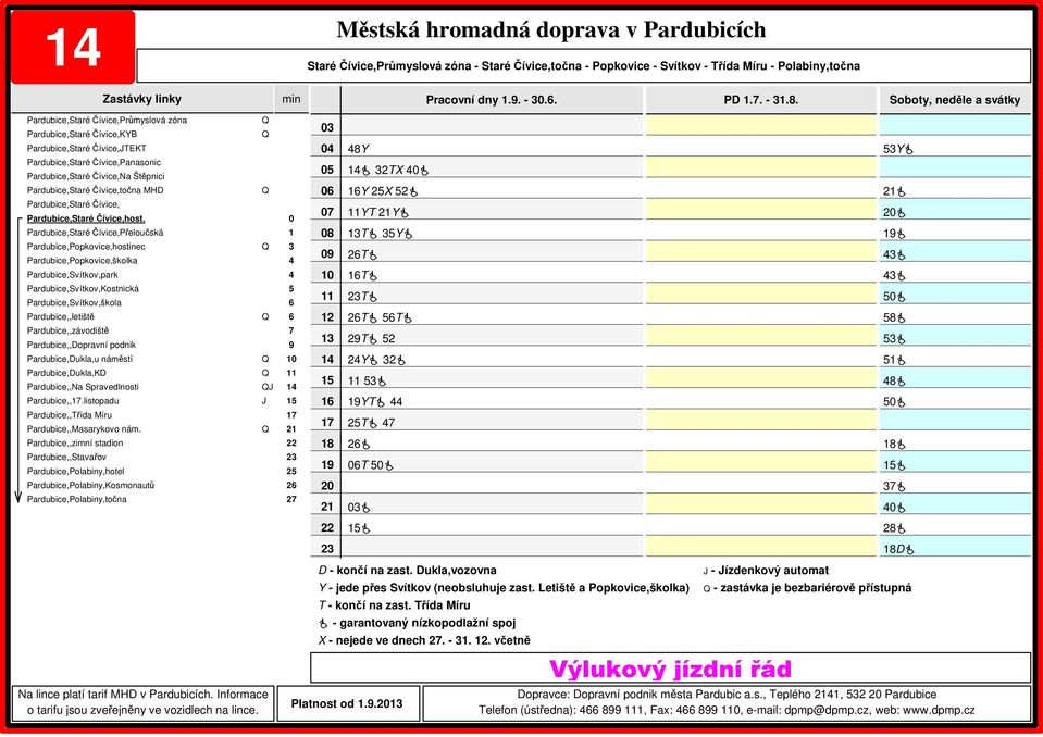 Dukla,vozovna Y - jede přes Svítkov (neobsluhuje zast. Letiště a Popkovice,školka) T - končí na zast. Třída Míru X - nejede ve dnech. -.. včetně Platnost od.