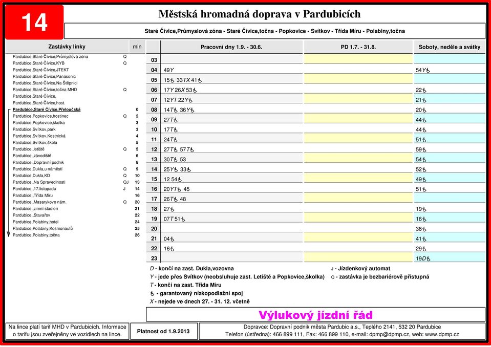 Dukla,vozovna Y - jede přes Svítkov (neobsluhuje zast. Letiště a Popkovice,školka) T - končí na zast. Třída Míru X - nejede ve dnech. -.. včetně Platnost od.