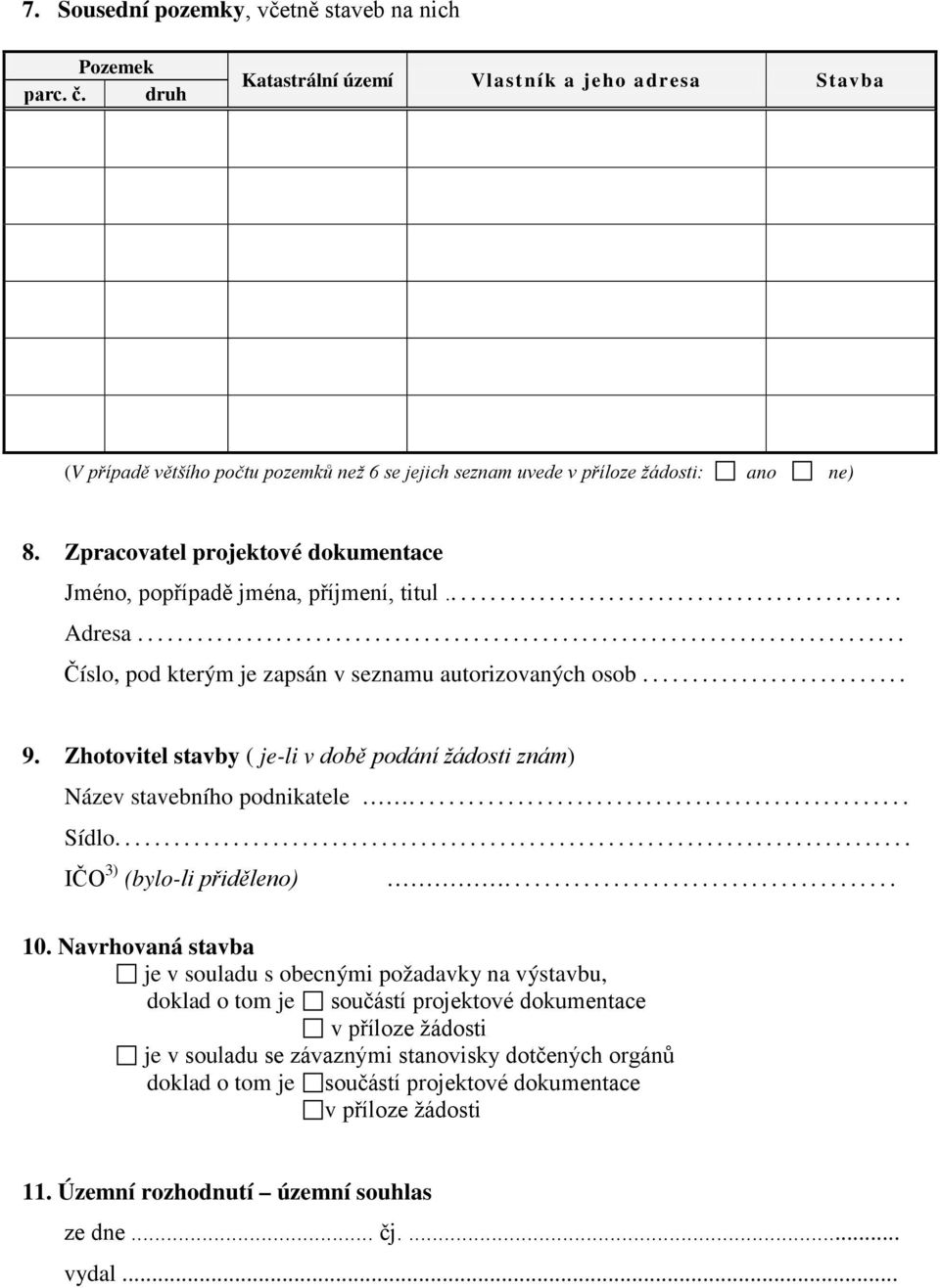 Zpracovatel projektové dokumentace Jméno, popřípadě jména, příjmení, titul... Adresa... Číslo, pod kterým je zapsán v seznamu autorizovaných osob... 9.