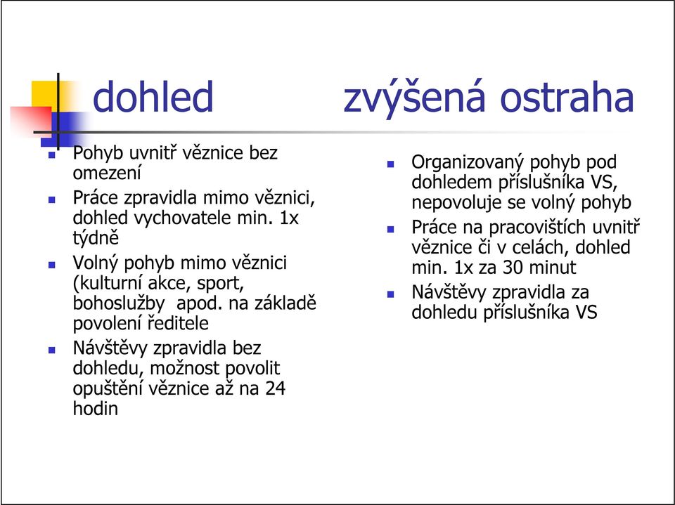 na základě povolení ředitele Návštěvy zpravidla bez dohledu, možnost povolit opuštění věznice až na 24 hodin Organizovaný