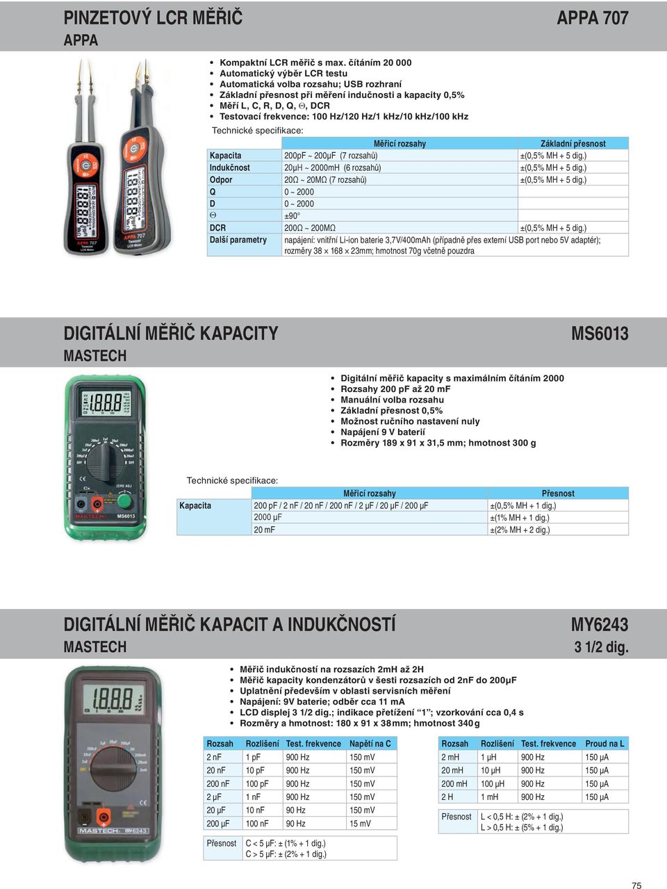 Hz/1 khz/10 khz/100 khz Měřicí rozsahy Základní přesnost Kapacita 200pF ~ 200μF (7 rozsahů) ±(0,5% MH + 5 dig.) Indukčnost 20μH ~ 2000mH (6 rozsahů) ±(0,5% MH + 5 dig.