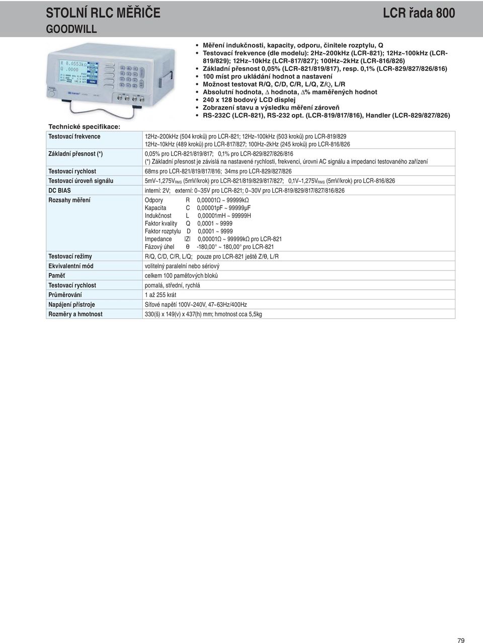 0,1% (LCR-829/827/826/816) 100 míst pro ukládání hodnot a nastavení Možnost testovat R/Q, C/D, C/R, L/Q, Z/Q, L/R Absolutní hodnota, Δ hodnota, Δ% maměřených hodnot 240 x 128 bodový LCD displej