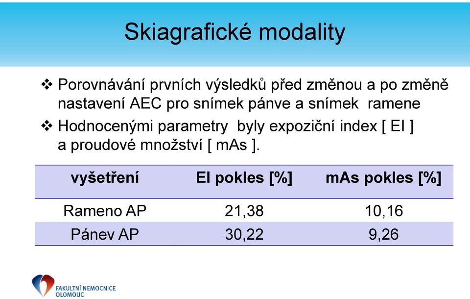 parametry byly expoziční index [ EI ] a proudové množství [ mas ].