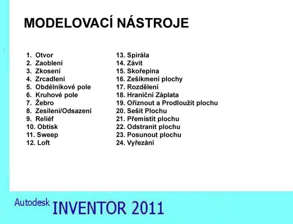 Hraniční Záplata 7. Žebro 19. Oříznout a Prodloužit plochu 8. Zesílení/Odsazení 20.