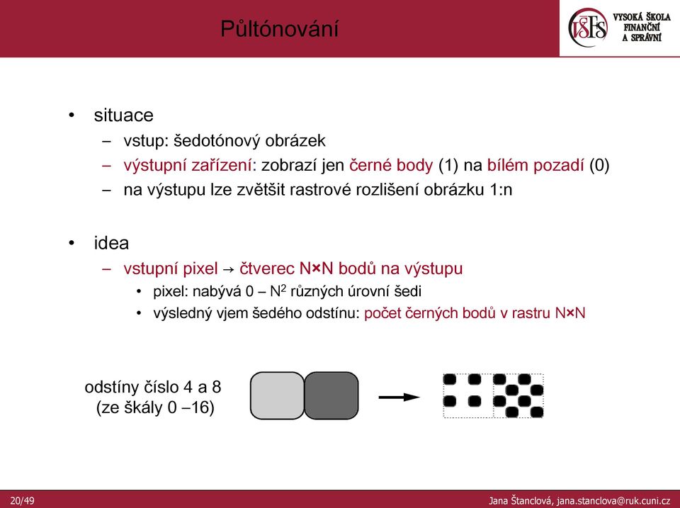 N bodů na výstupu pixel: nabývá 0 N 2 různých úrovní šedi výsledný vjem šedého odstínu: počet