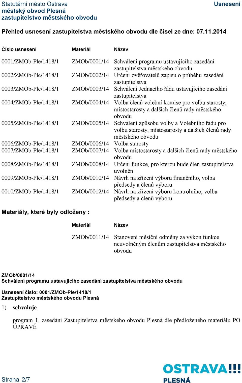 0008/ZMOb-Ple/1418/1 0009/ZMOb-Ple/1418/1 0010/ZMOb-Ple/1418/1 ZMOb/0001/14 Schválení programu ustavujícího zasedání zastupitelstva městského obvodu ZMOb/0002/14 Určení ověřovatelů zápisu o průběhu