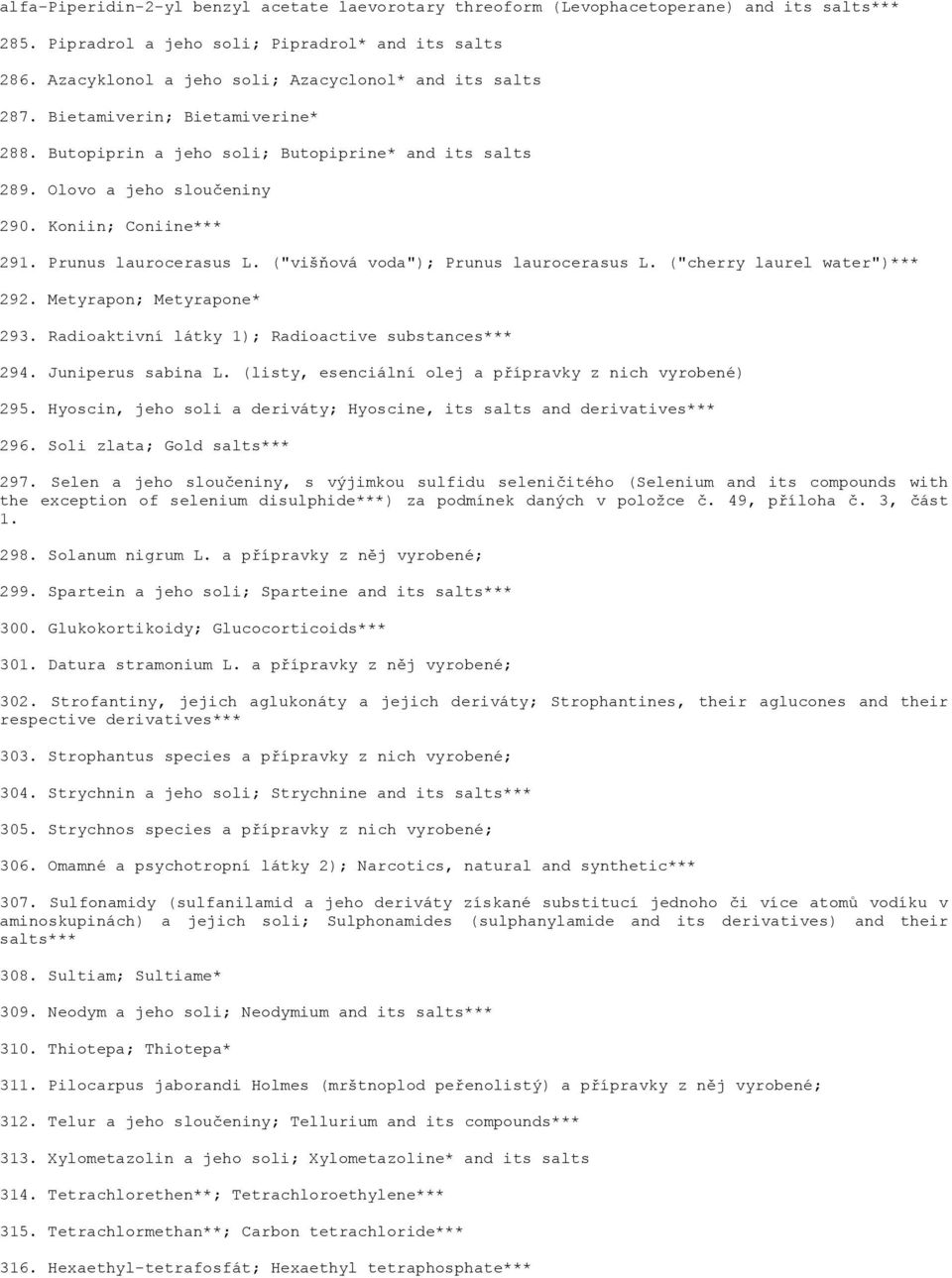 Prunus laurocerasus L. ("višňová voda"); Prunus laurocerasus L. ("cherry laurel water")*** 292. Metyrapon; Metyrapone* 293. Radioaktivní látky 1); Radioactive substances*** 294. Juniperus sabina L.