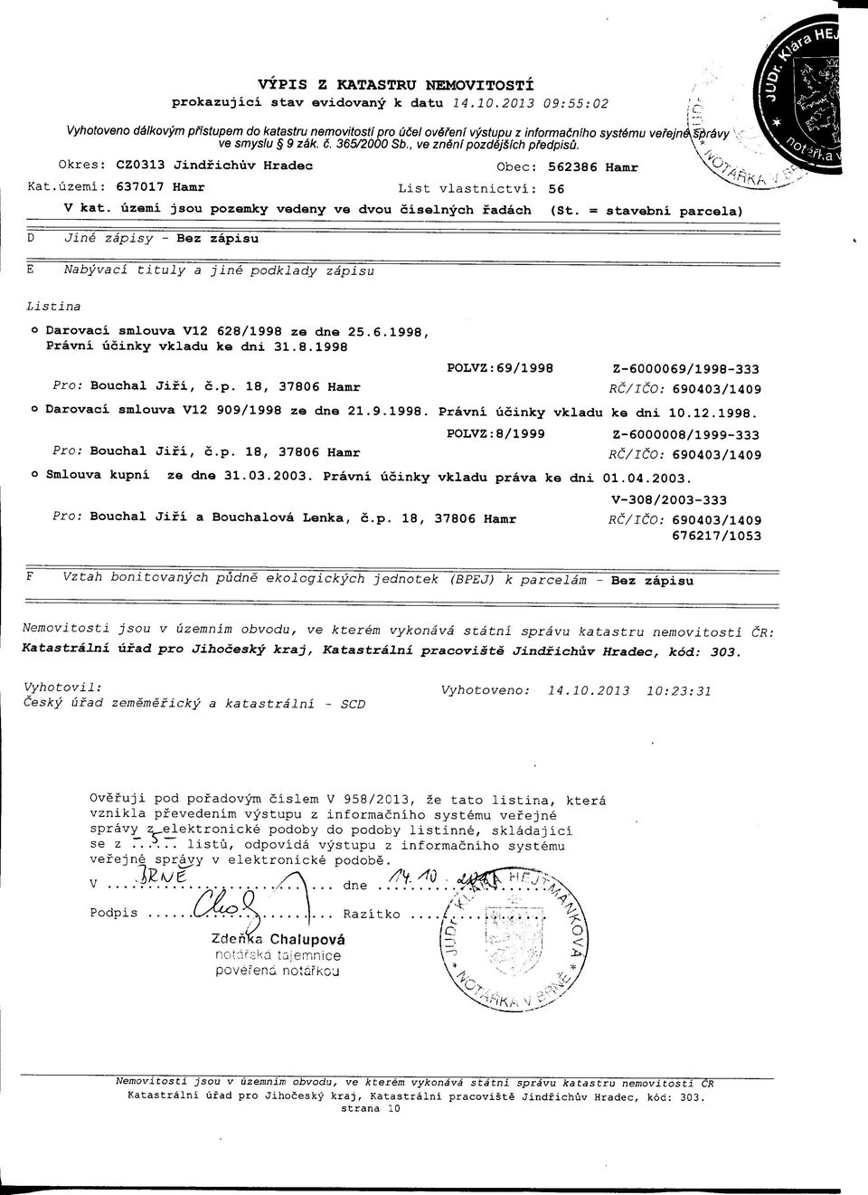 8/1998 ze dne 25.6.1998, Pravni ucinky vkladu ke dni 31.8.1998 POLVZ:69/1998 Z-6000069/1998-333 Pro; Bouchal Jifi, c.p. 18, 37806 Hamr RC/ICO: o Darovaci smlouva V12 909/1998 ze dne 21.9.1998. Pravni ucinky vkladu ke dni 10.