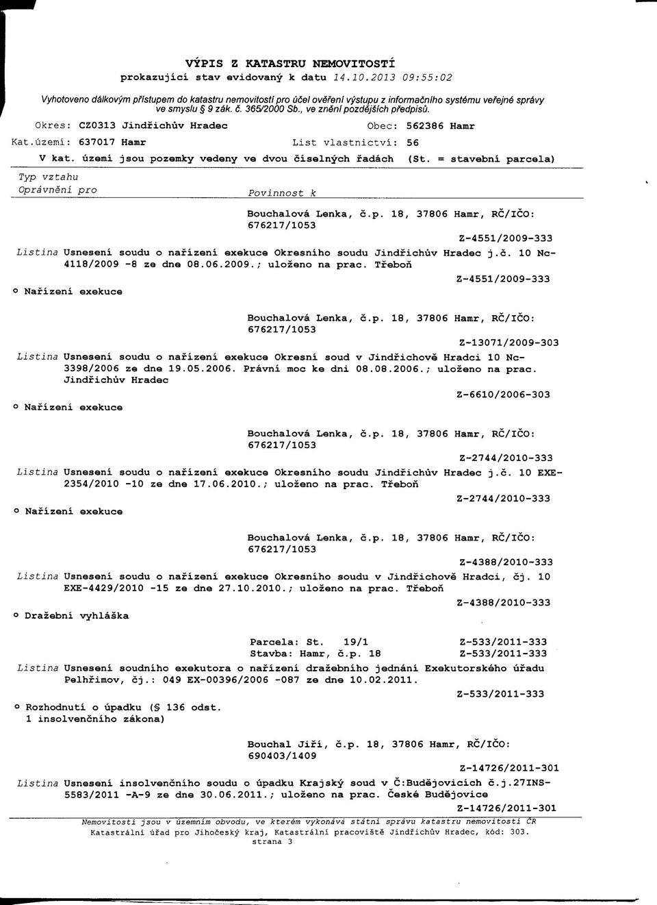 Tfebon Z-4551/2009-333 Z-13071/2009-303 Listina Usneseni soudu o nafizeni exekuce Okresni soud v Jindfichove Hradci 10 Nc- 3398/2006 ze dne 19.05.2006. Pravni moc ke dni 08.08.2006.; ulozeno na prac.