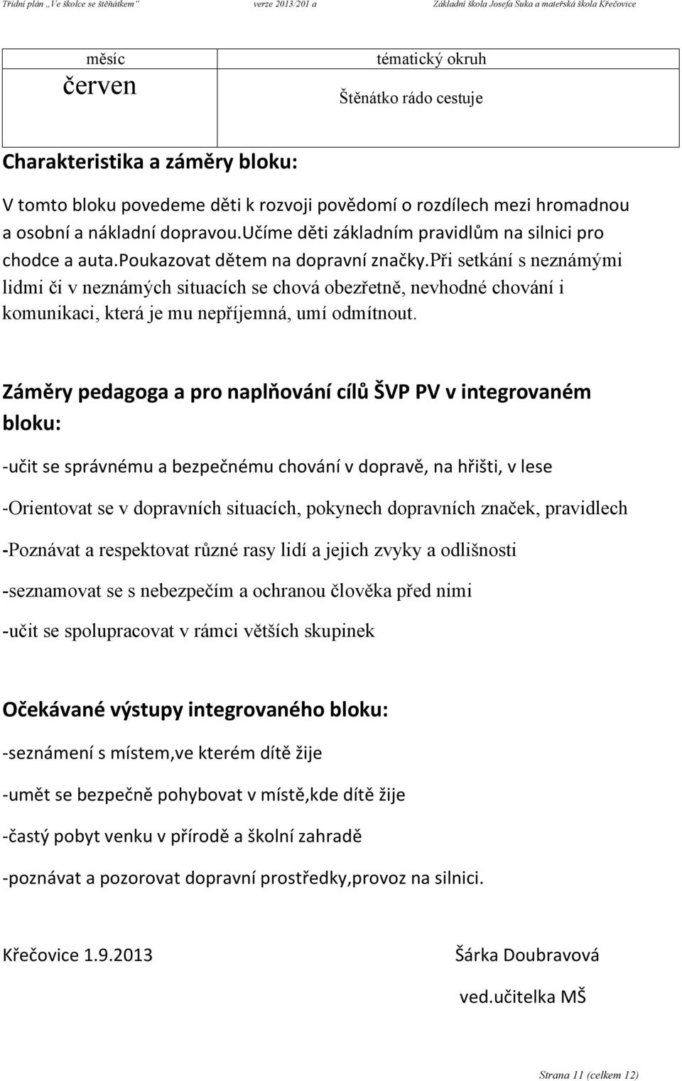 -učit se správnému a bezpečnému chování v dopravě, na hřišti, v lese -Orientovat se v dopravních situacích, pokynech dopravních značek, pravidlech -Poznávat a respektovat různé rasy lidí a jejich