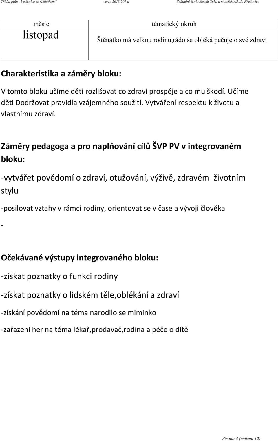 -vytvářet povědomí o zdraví, otužování, výživě, zdravém životním stylu -posilovat vztahy v rámci rodiny, orientovat se v čase a vývoji člověka -