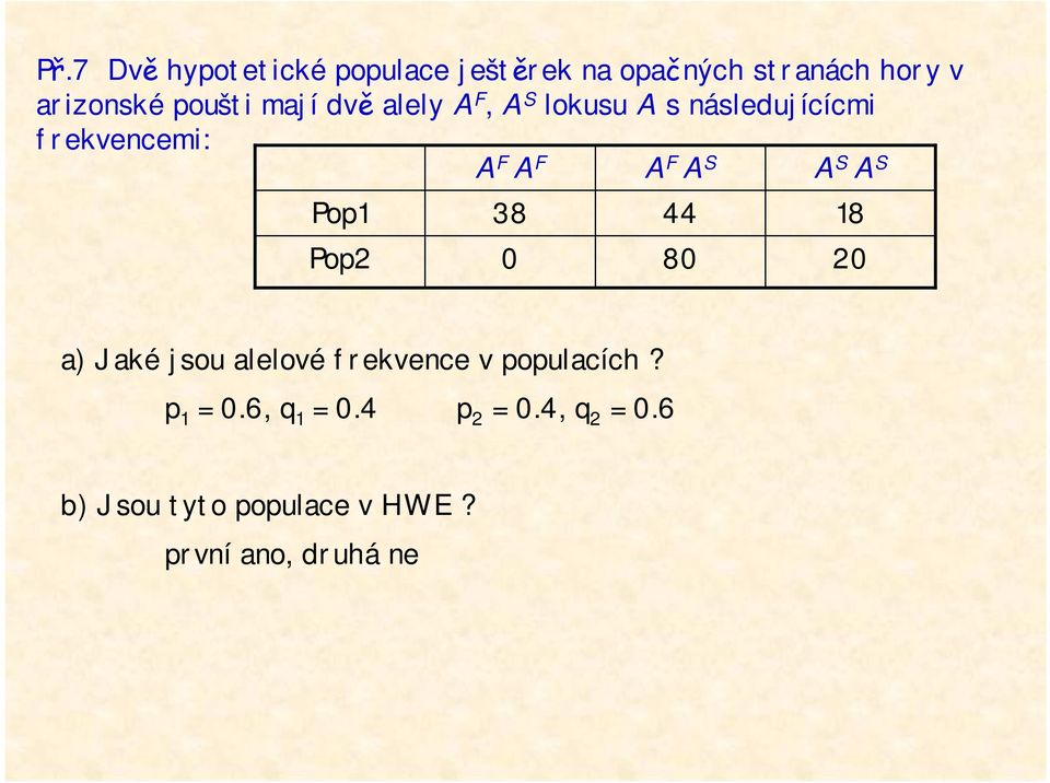 A S Pop1 Pop2 38 0 44 80 18 20 a) Jaké jsou alelové frekvence v populacích? p 1 = 0.