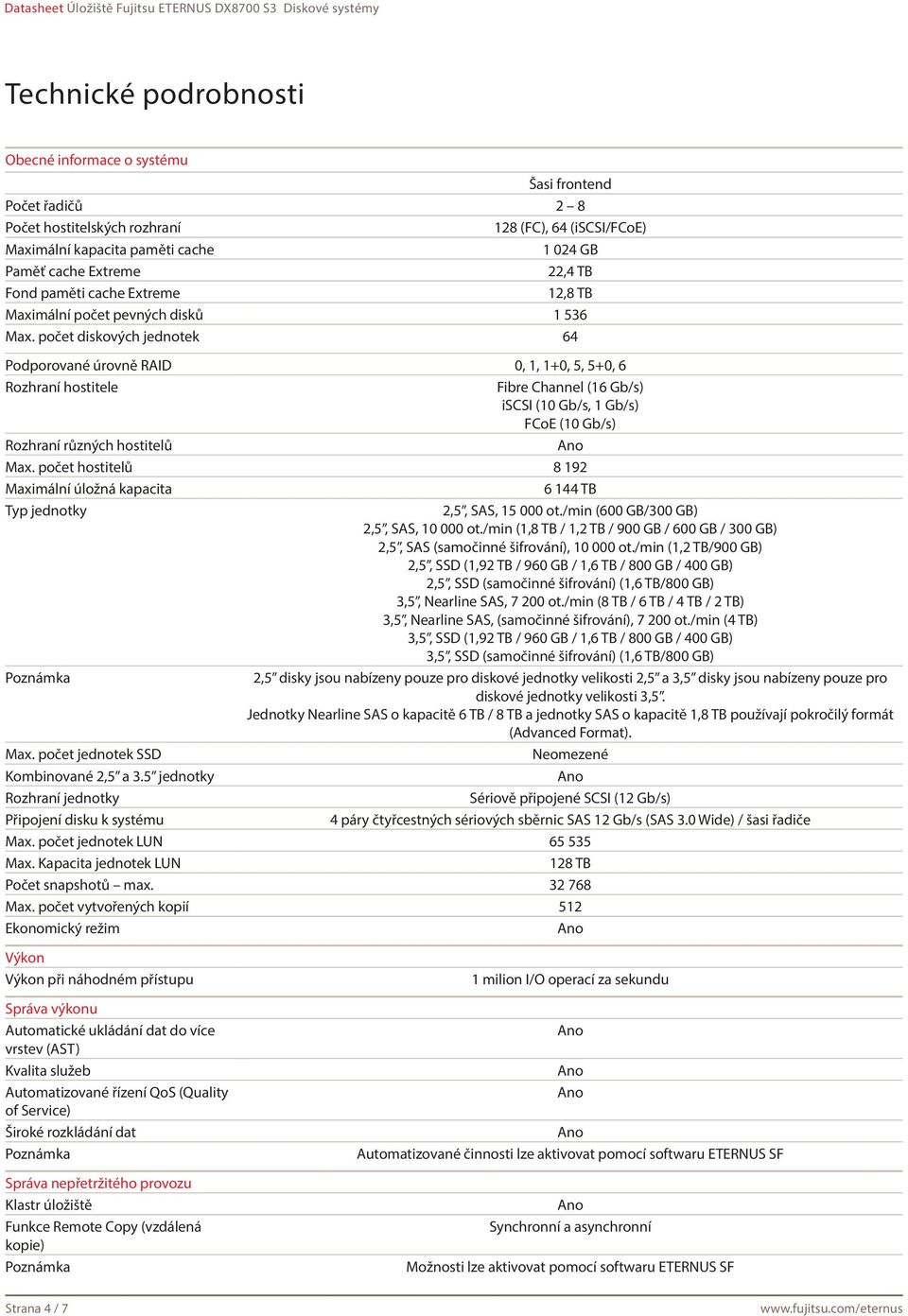 počet diskových jednotek 64 Podporované úrovně RAID 0, 1, 1+0, 5, 5+0, 6 Rozhraní hostitele Fibre Channel (16 Gb/s) iscsi (10 Gb/s, 1 Gb/s) FCoE (10 Gb/s) Rozhraní různých hostitelů Max.