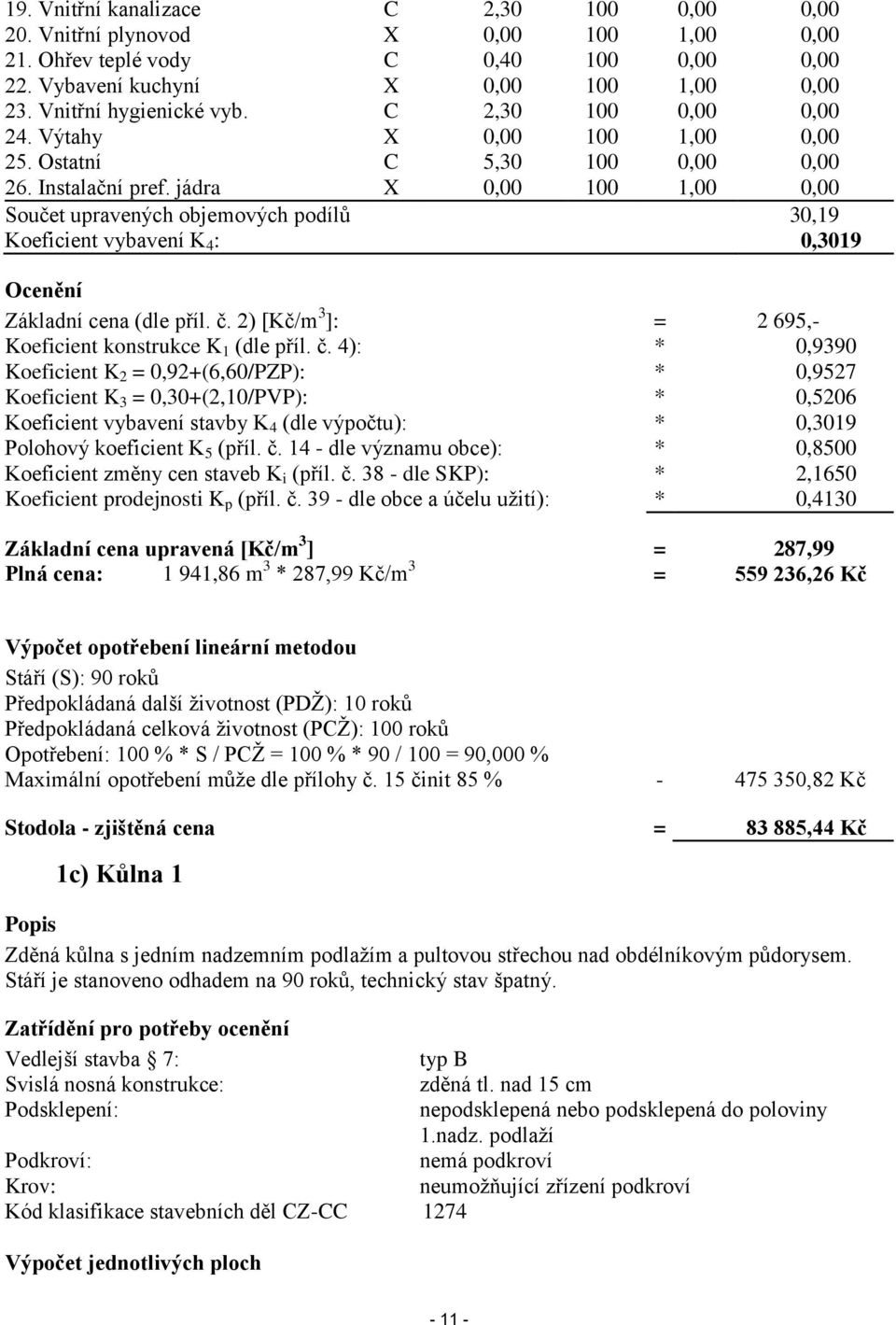 jádra X 0,00 100 1,00 0,00 Součet upravených objemových podílů 30,19 Koeficient vybavení K 4 : 0,3019 Ocenění Základní cena (dle příl. č. 2) [Kč/m 3 ]: = 2 695,- Koeficient konstrukce K 1 (dle příl.