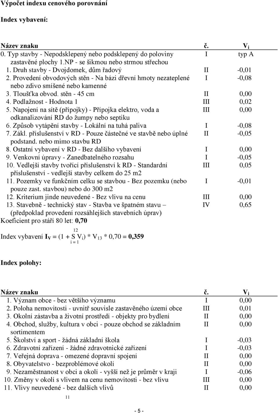 Podlažnost - Hodnota 1 III 0,02 5. Napojení na sítě (přípojky) - Přípojka elektro, voda a III 0,00 odkanalizování RD do žumpy nebo septiku 6. Způsob vytápění stavby - Lokální na tuhá paliva I -0,08 7.