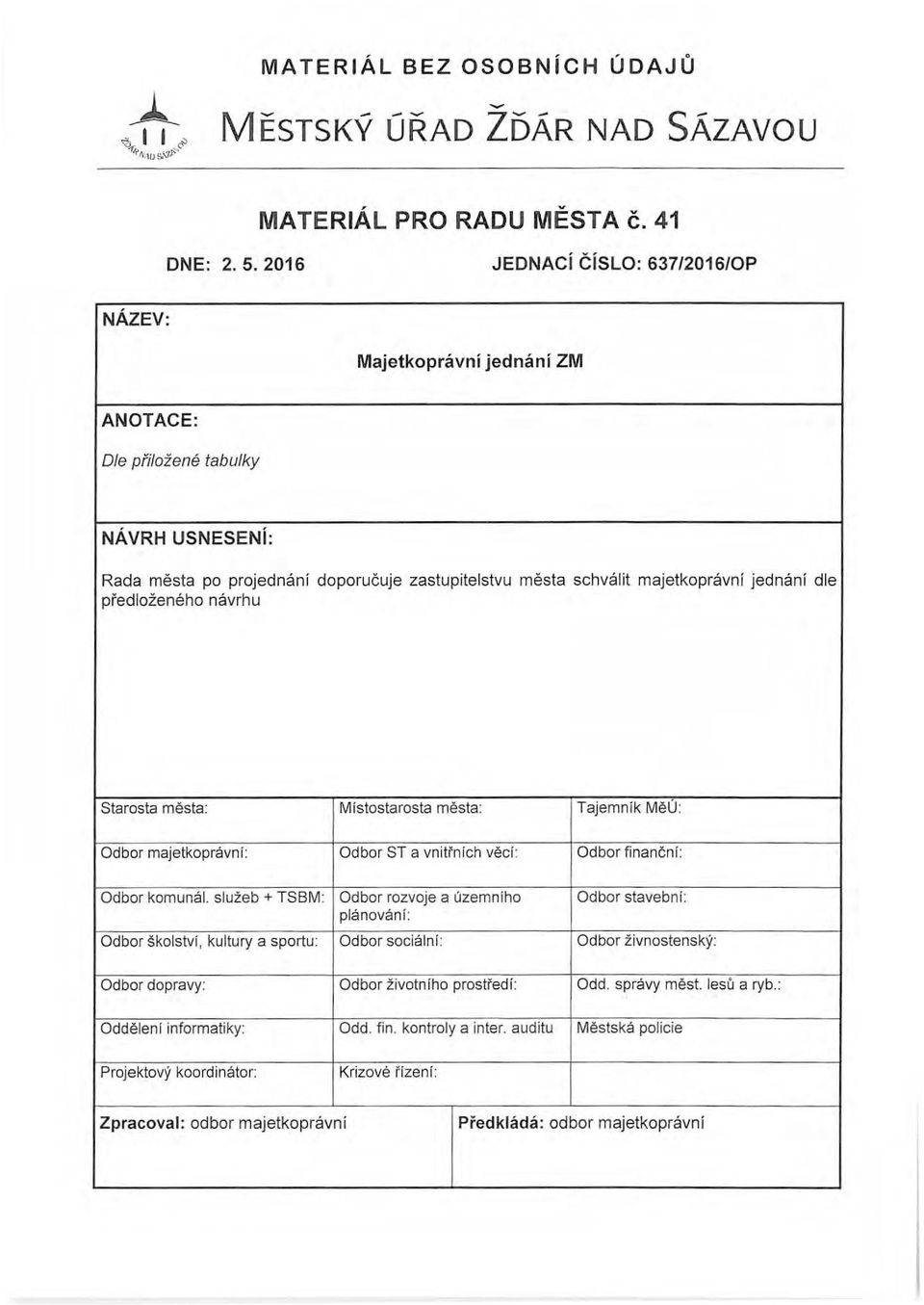 dle předloženého návrhu Starosta města : Místostarosta m ěsta : Tajemník MěÚ : Odbor majetkoprávnl: Odbor ST a vnit1ních věcí : Odbor finančnl: Odbor komuná l.