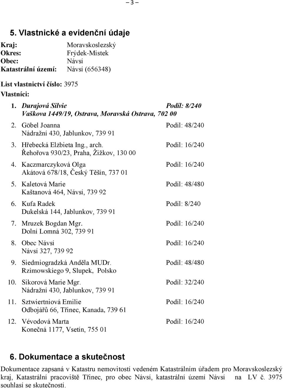 Podíl: 16/240 Řehořova 930/23, Praha, Žižkov, 130 00 4. Kaczmarczyková Olga Podíl: 16/240 Akátová 678/18, Český Těšín, 737 01 5. Kaletová Marie Podíl: 48/480 Kaštanová 464, Návsí, 739 92 6.