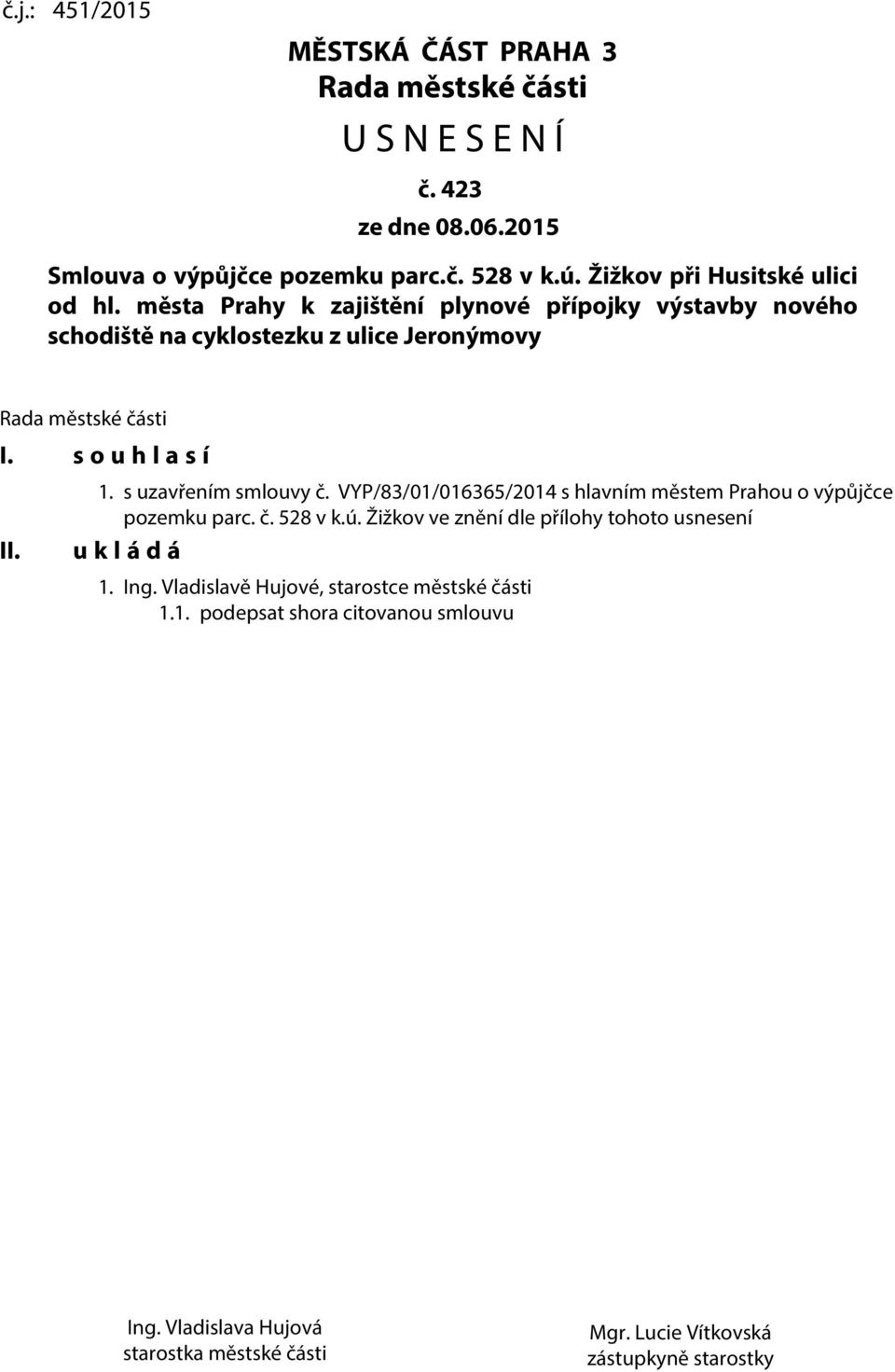 s o u h l a s í II. 1. s uzavřením smlouvy č. VYP/83/01/016365/2014 s hlavním městem Prahou o výpůjčce pozemku parc. č. 528 v k.ú.