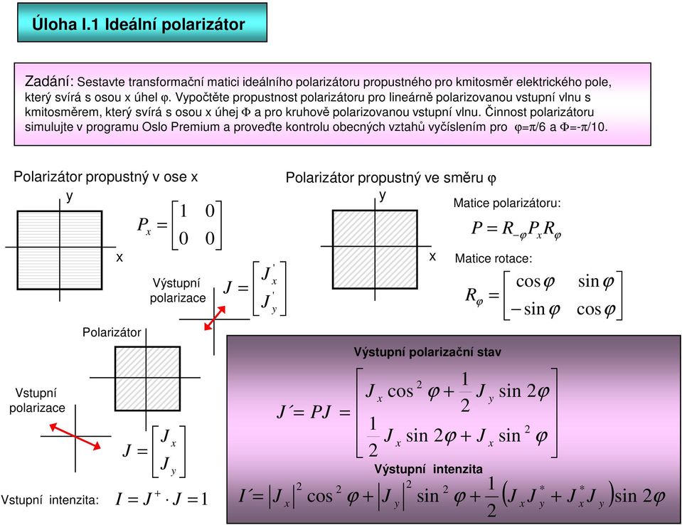 Činnost polarizátoru simulujte v programu Oslo remium a proveďte kontrolu obecných vztahů včíslením pro ϕ=π/6 a Φ=-π/10.
