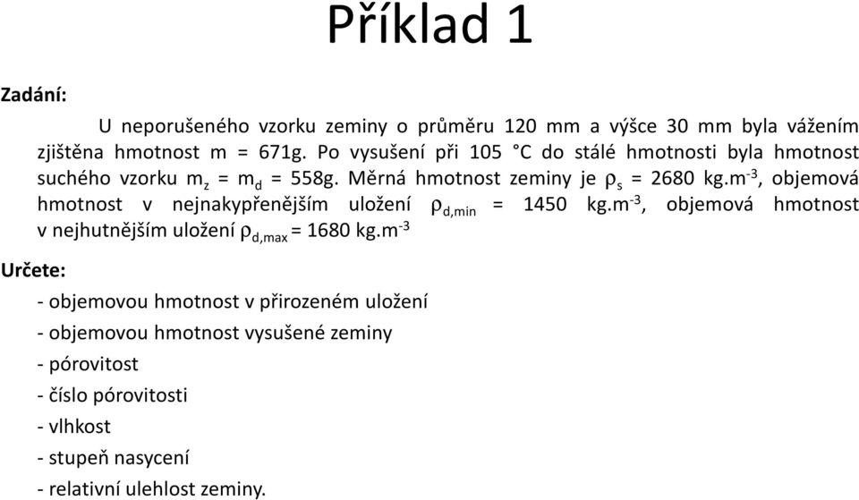 m -3, objemová hmotnost v nejnakypřenějším uložení ρ d,min = 1450 kg.m -3, objemová hmotnost vnejhutnějšímuložení ρ d,max =1680kg.