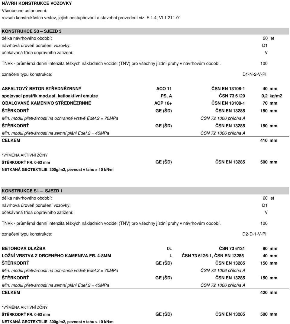 pro všechny jízdní pruhy v návrhovém období. 100 označení typu konstrukce: D1-N-2-V-PII ASFALTOVÝ BETON STŘEDNĚZRNNÝ ACO 11 ČSN EN 13108-1 40 mm spojovací postřik mod.asf.