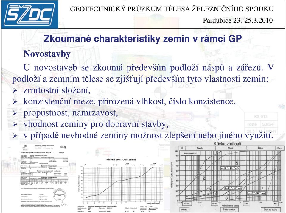 V podloží a zemním tělese se zjišťují především tyto vlastnosti zemin: zrnitostní složení,