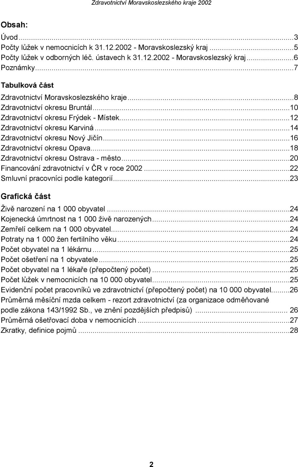 ..16 Zdravotnictví okresu Opava...18 Zdravotnictví okresu Ostrava město...20 Financování zdravotnictví v ČR v roce 2002...22 Smluvní pracovníci podle kategorií.