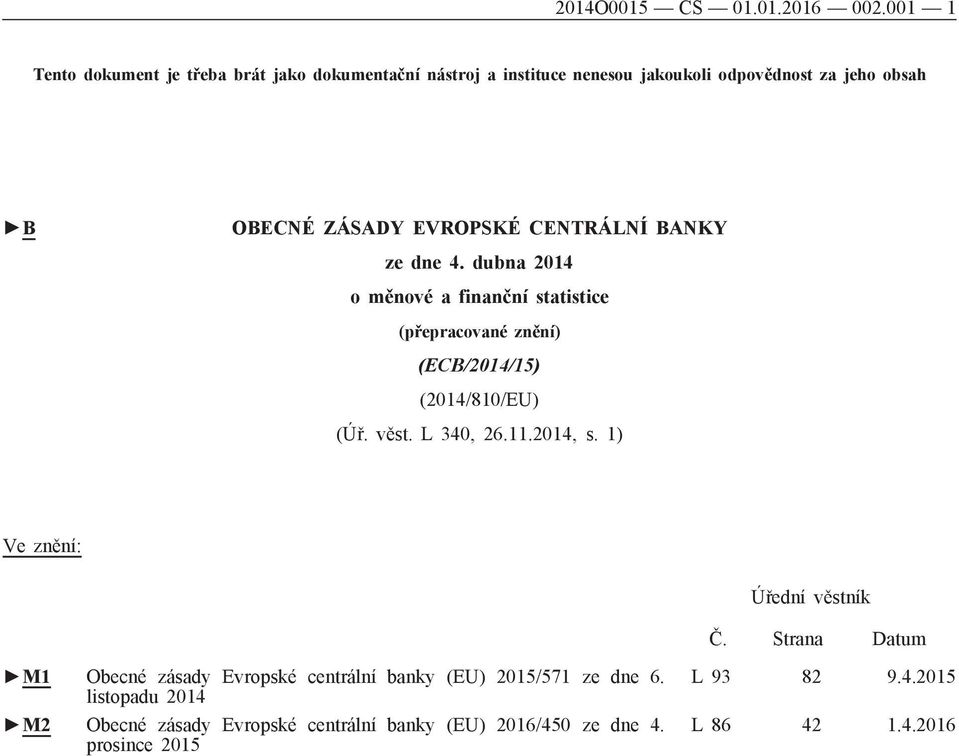 EVROPSKÉ CENTRÁLNÍ BANKY ze dne 4. dubna 2014 o měnové a finanční statistice (přepracované znění) (ECB/2014/15) (2014/810/EU) (Úř. věst.