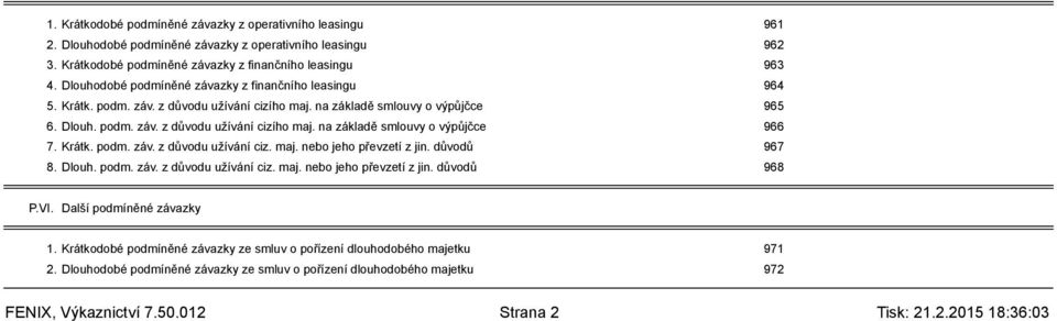 Krátk. podm. záv. z důvodu užívání ciz. maj. nebo jeho převzetí z jin. důvodů 967 8. Dlouh. podm. záv. z důvodu užívání ciz. maj. nebo jeho převzetí z jin. důvodů 968 P.VI. Další podmíněné závazky 1.