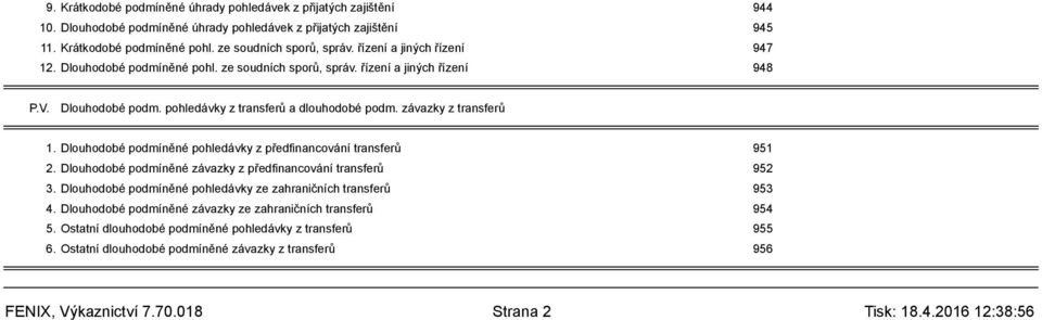 Dlouhodobé podmíněné pohledávky z předfinancování transferů 951 2. Dlouhodobé podmíněné závazky z předfinancování transferů 952 3. Dlouhodobé podmíněné pohledávky ze zahraničních transferů 953 4.