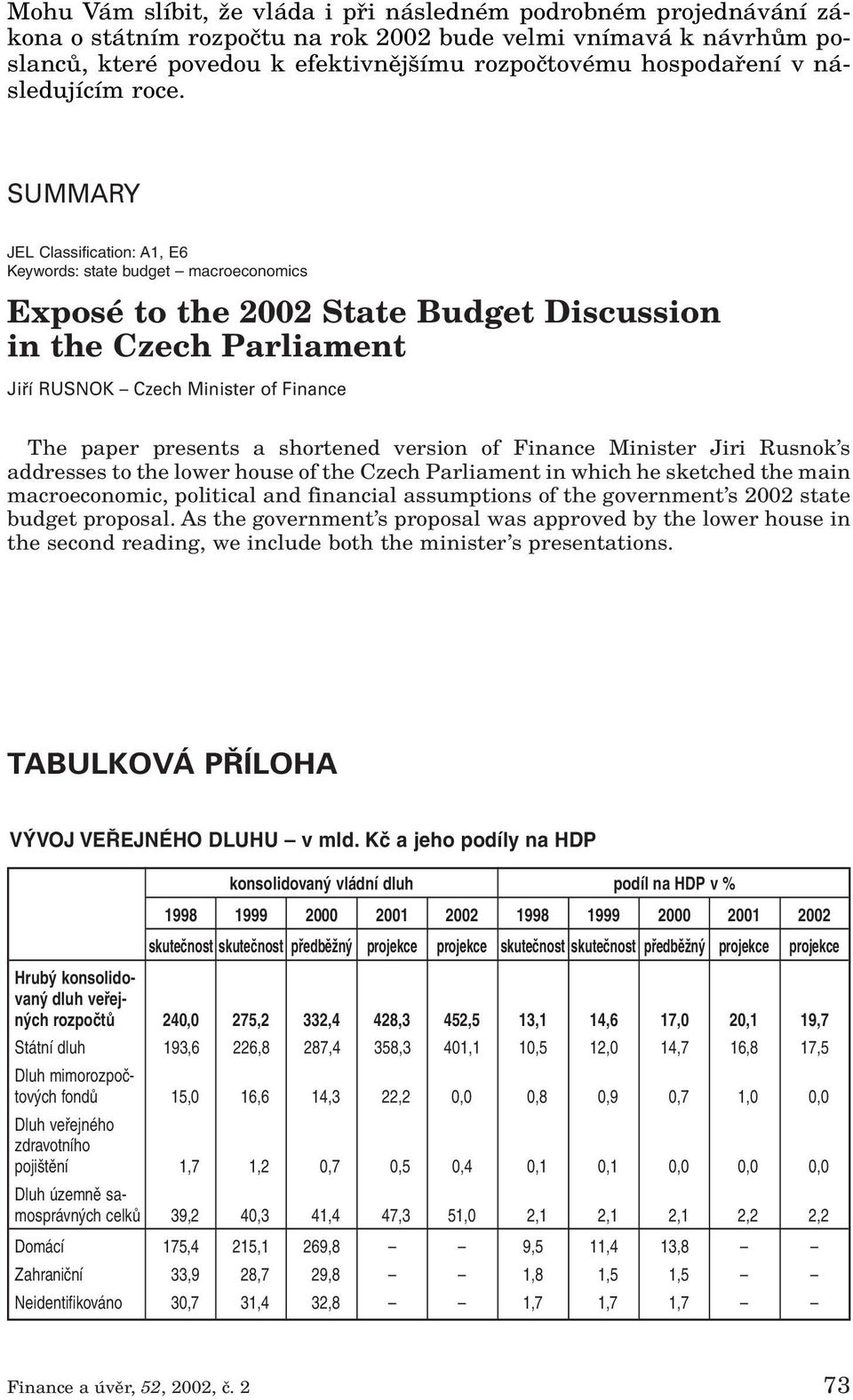 SUMMARY JEL Classification: A1, E6 Keywords: state budget macroeconomics Exposé to the 2002 State Budget Discussion in the Czech Parliament Jifií RUSNOK Czech Minister of Finance The paper presents a