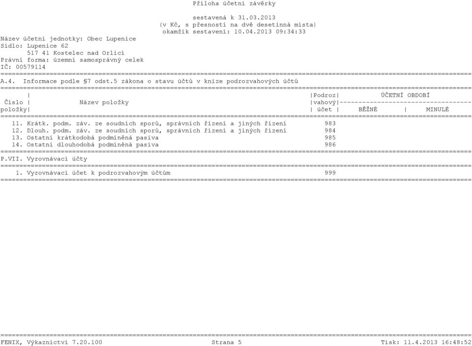 položky účet BĚŽNÉ MINULÉ 11. Krátk. podm. záv. ze soudních sporů, správních řízení a jiných řízení 983 12. Dlouh. podm. záv. ze soudních sporů, správních řízení a jiných řízení 984 13.