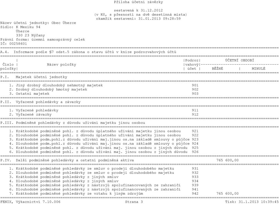 Jiný drobný dlouhodobý nehmotný majetek 901 2. Drobný dlouhodobý hmotný majetek 902 3. Ostatní majetek 903 P.II. Vyřazené pohledávky a závazky 1. Vyřazené pohledávky 911 2. Vyřazené závazky 912 P.III.