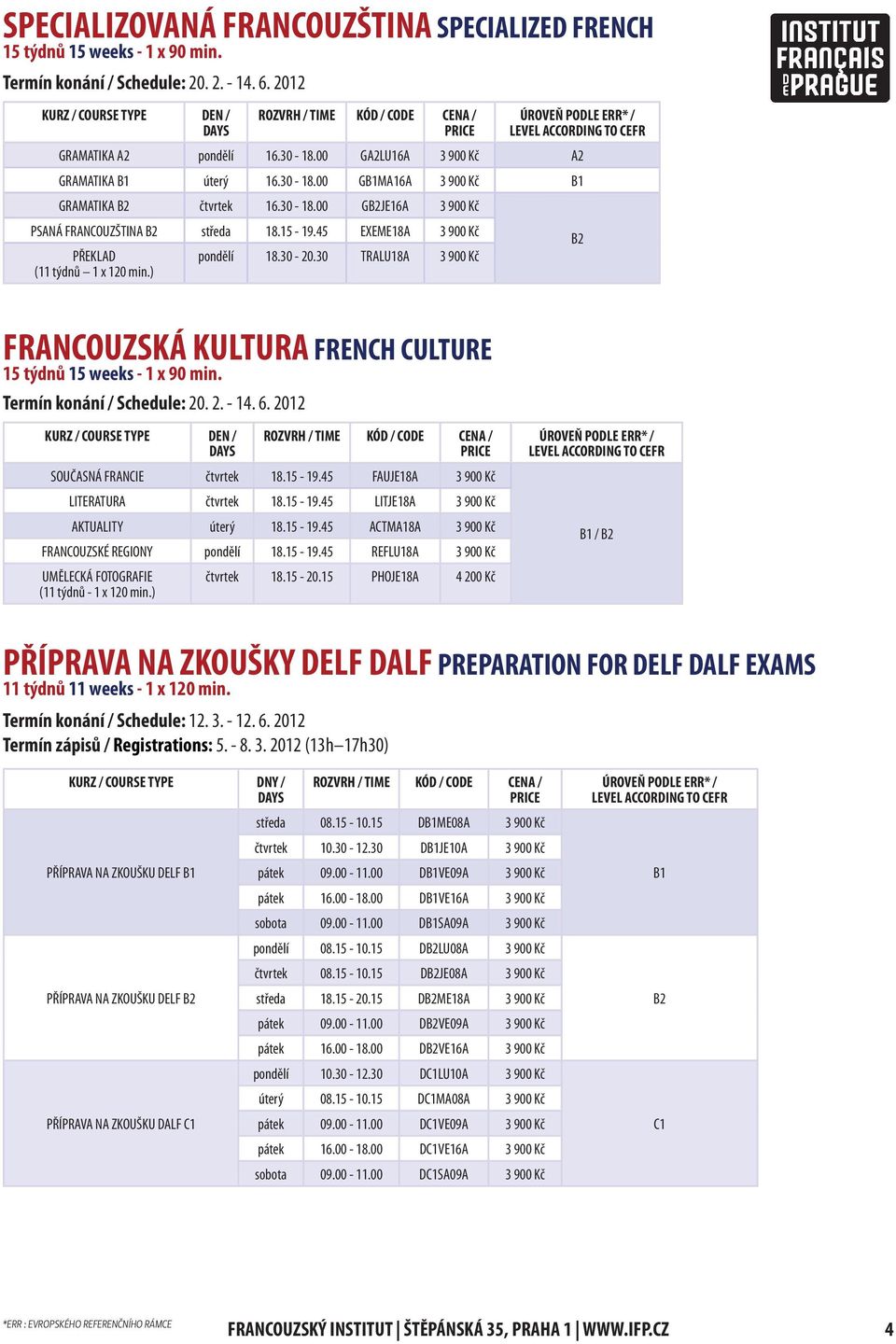 15-19.45 LITJE18A 3 900 Kč AKTUALITY úterý 18.15-19.45 ACTM8A 3 900 Kč FRANCOUZSKÉ REGIONY pondělí 18.15-19.45 REFLU18A 3 900 Kč UMĚLECKÁ FOTOGRAFIE (11 týdnů - 1 x 120 min.) čtvrtek 18.15-20.