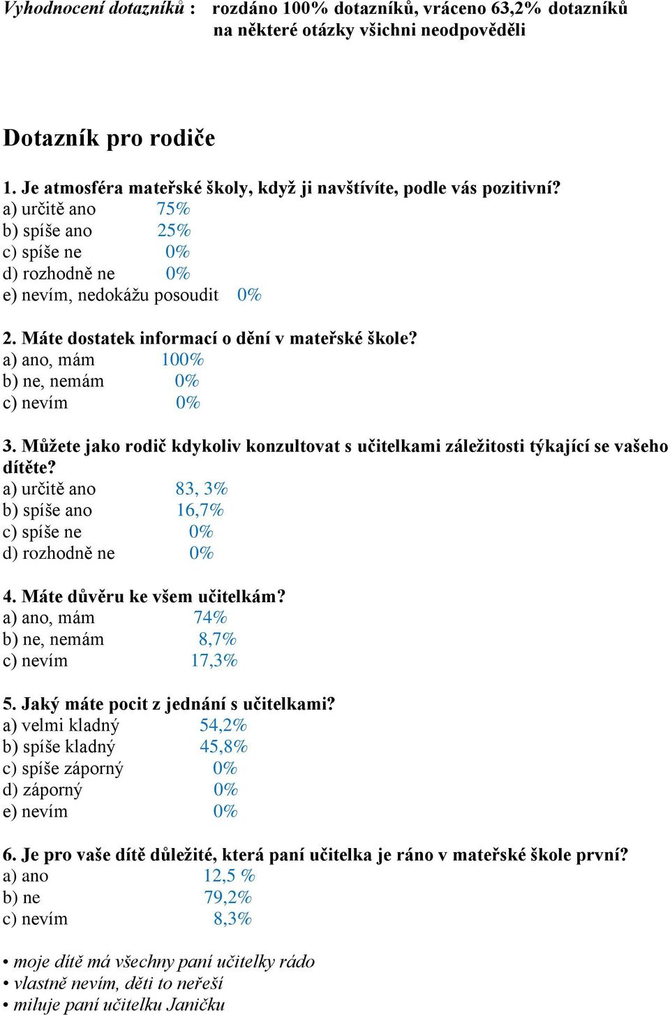 Máte dostatek informací o dění v mateřské škole? a) ano, mám 100% b) ne, nemám 0% c) nevím 0% 3. Můžete jako rodič kdykoliv konzultovat s učitelkami záležitosti týkající se vašeho dítěte?