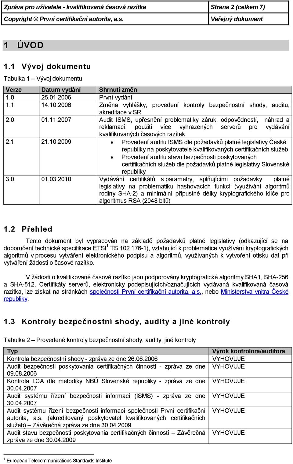 2007 Audit ISMS, upřesnění problematiky záruk, odpovědností, náhrad a reklamací, použití více vyhrazených serverů pro vydávání kvalifikovaných časových razítek 2.1 21.10.