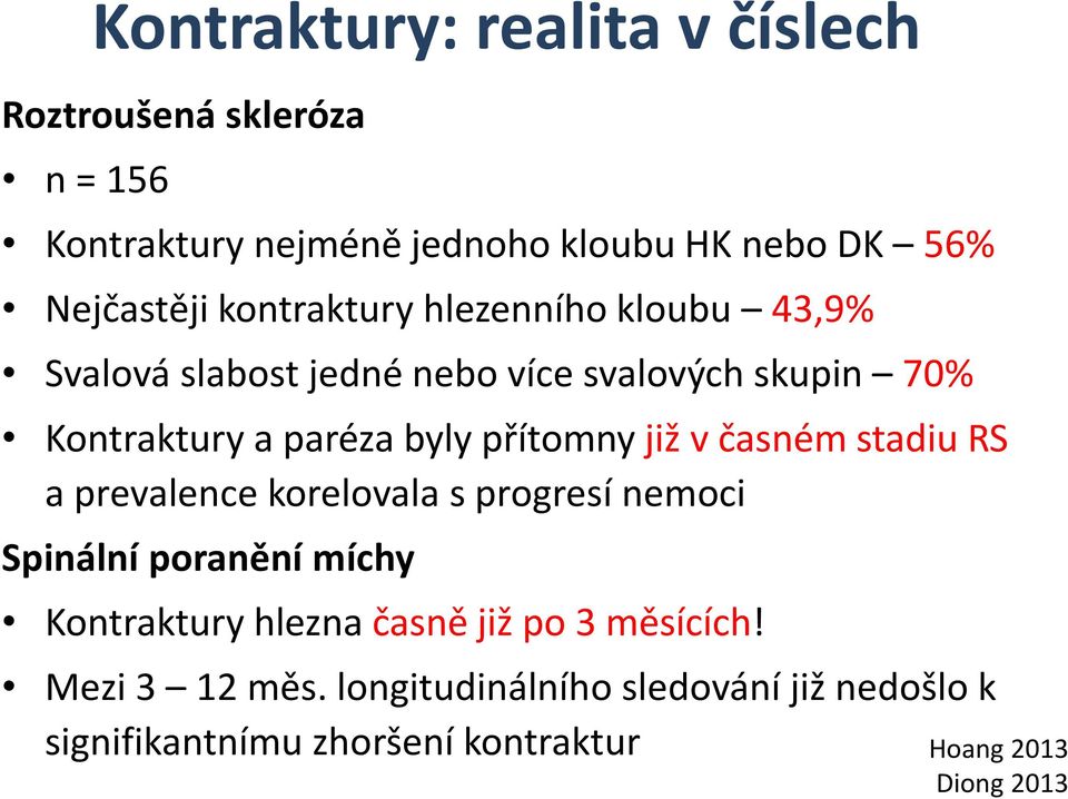 přítomny již v časném stadiu RS a prevalence korelovala s progresí nemoci Spinální poranění míchy Kontraktury hlezna časně