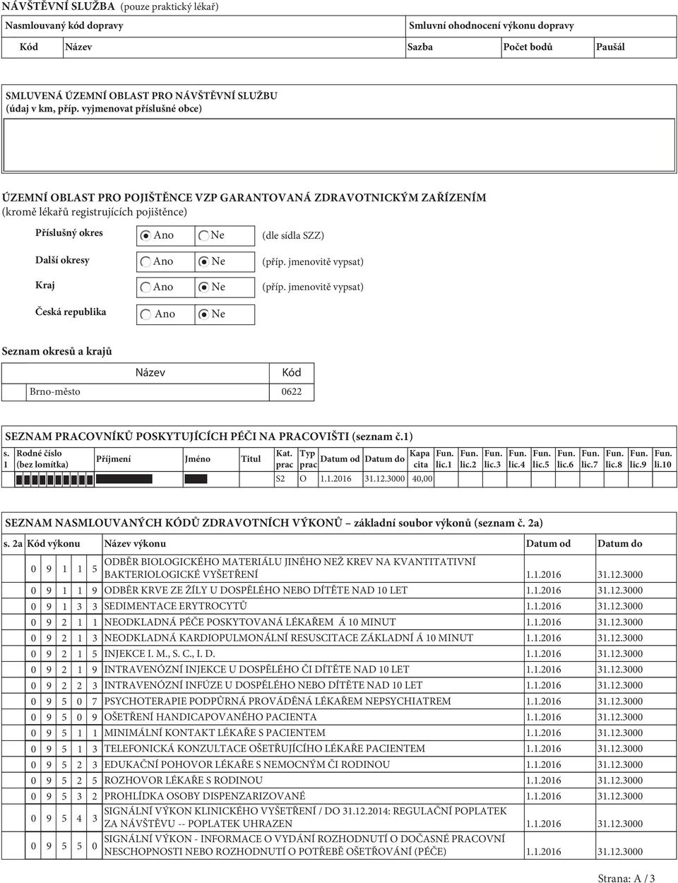 sídla SZZ) (příp. jmenovitě vypsat) (příp. jmenovitě vypsat) Česká republika Ano Ne Seznam okresů a krajů Název Kód Brno-město 0622 SEZNAM PRACOVNÍKŮ POSKYTUJÍCÍCH PÉČI NA PRACOVIŠTI (seznam č.1) s.