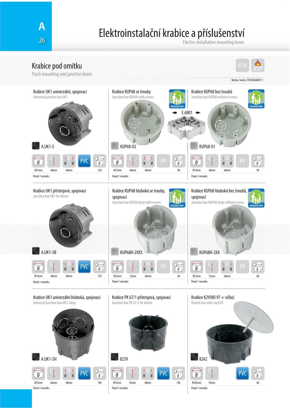 UK1-S 72mm 4mm KUP8-02 D PV 8mm 150 72mm 4mm KUP8-01 D 8mm 90 72mm 4mm D 8mm 90 Krabice UK1 přístrojová, spojovací Krabice KUP8 hluboká se šrouby, spojovací Krabice KUP8 hluboká bez šroubů, spojovací